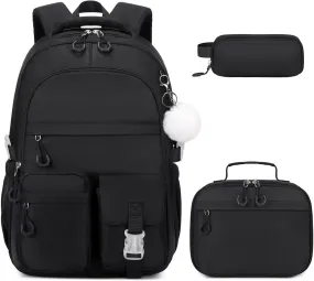 3PCS Girls Backpack for School, Kids Backpack for Girls with Lunch Bag Pencil Case, Kids Bookbag Teen Girl Backpacks for Elementary Middle High College School (Black)