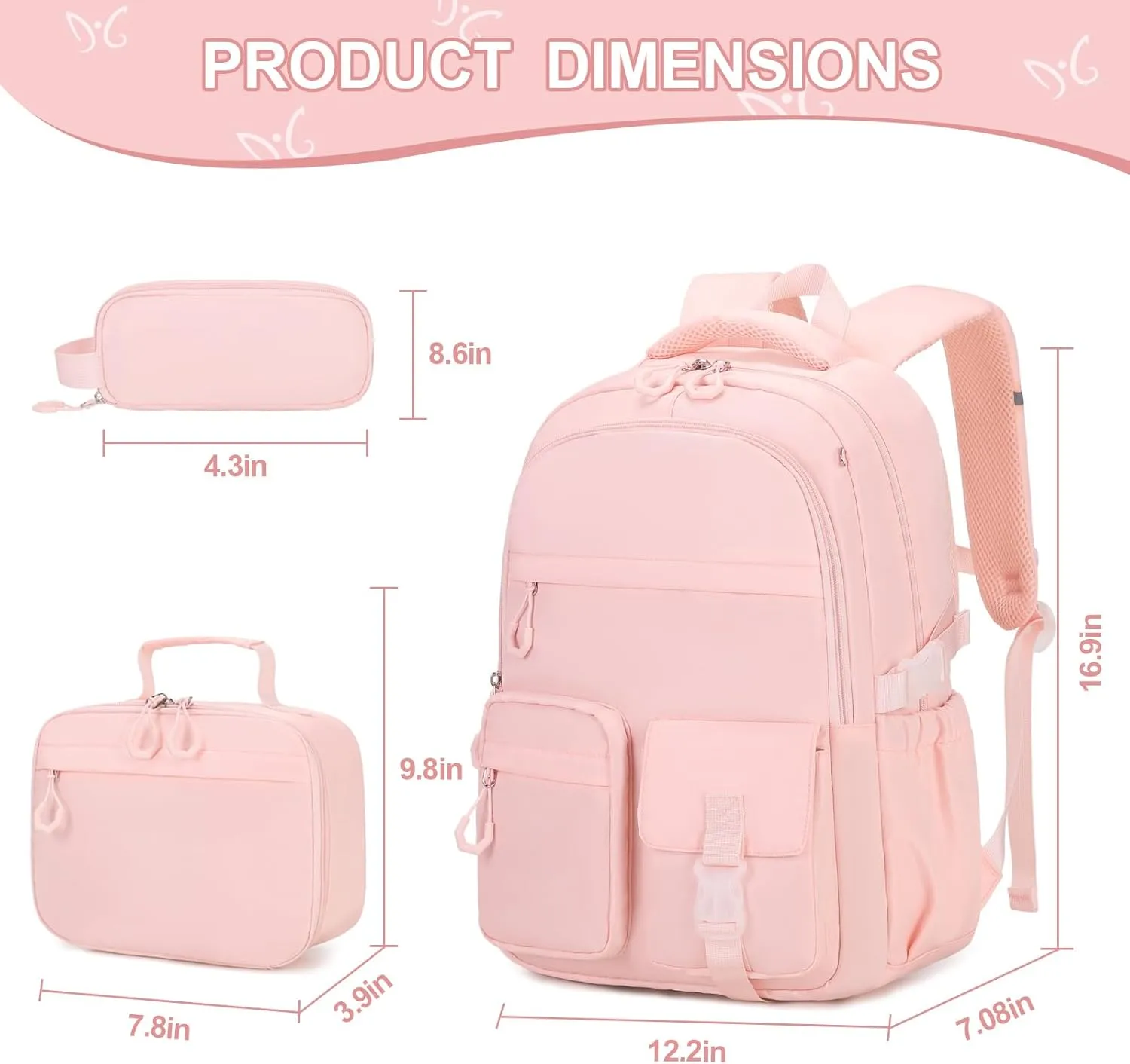 3PCS Girls Backpack for School, Kids Backpack for Girls with Lunch Bag Pencil Case, Kids Bookbag Teen Girl Backpacks for Elementary Middle High College School (Pink)