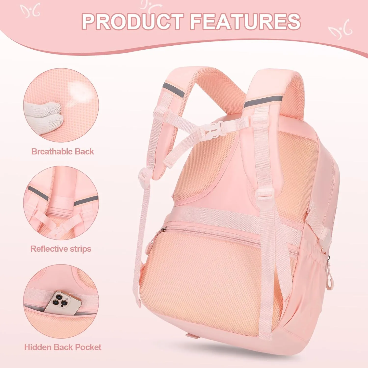 3PCS Girls Backpack for School, Kids Backpack for Girls with Lunch Bag Pencil Case, Kids Bookbag Teen Girl Backpacks for Elementary Middle High College School (Pink)