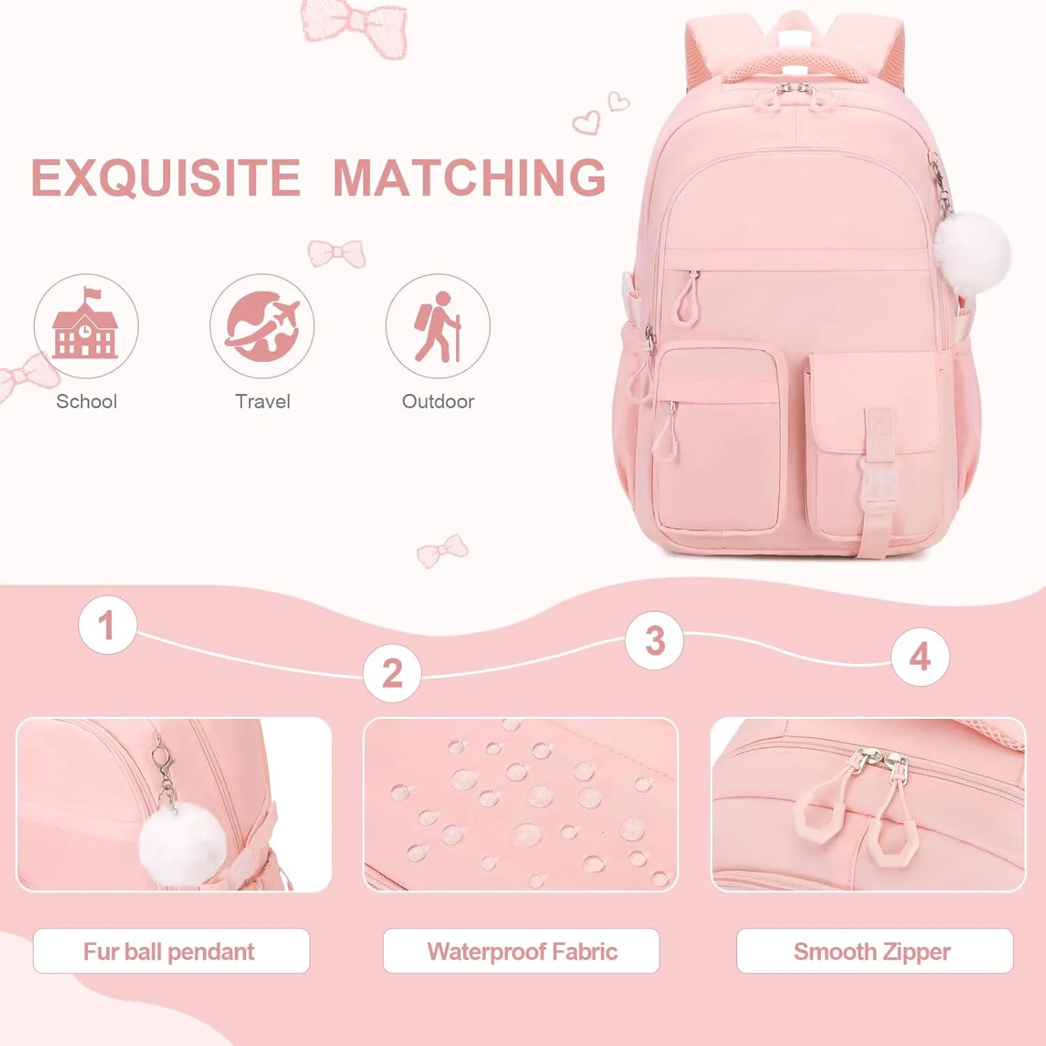 3PCS Girls Backpack for School, Kids Backpack for Girls with Lunch Bag Pencil Case, Kids Bookbag Teen Girl Backpacks for Elementary Middle High College School (Pink)