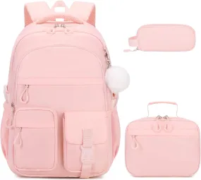 3PCS Girls Backpack for School, Kids Backpack for Girls with Lunch Bag Pencil Case, Kids Bookbag Teen Girl Backpacks for Elementary Middle High College School (Pink)