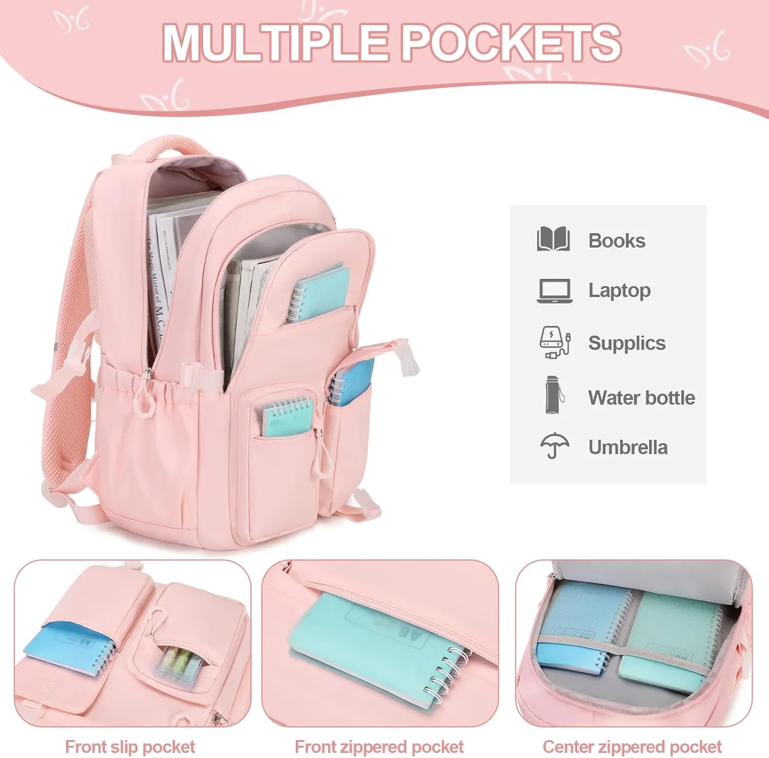 3PCS Girls Backpack for School, Kids Backpack for Girls with Lunch Bag Pencil Case, Kids Bookbag Teen Girl Backpacks for Elementary Middle High College School (Pink)