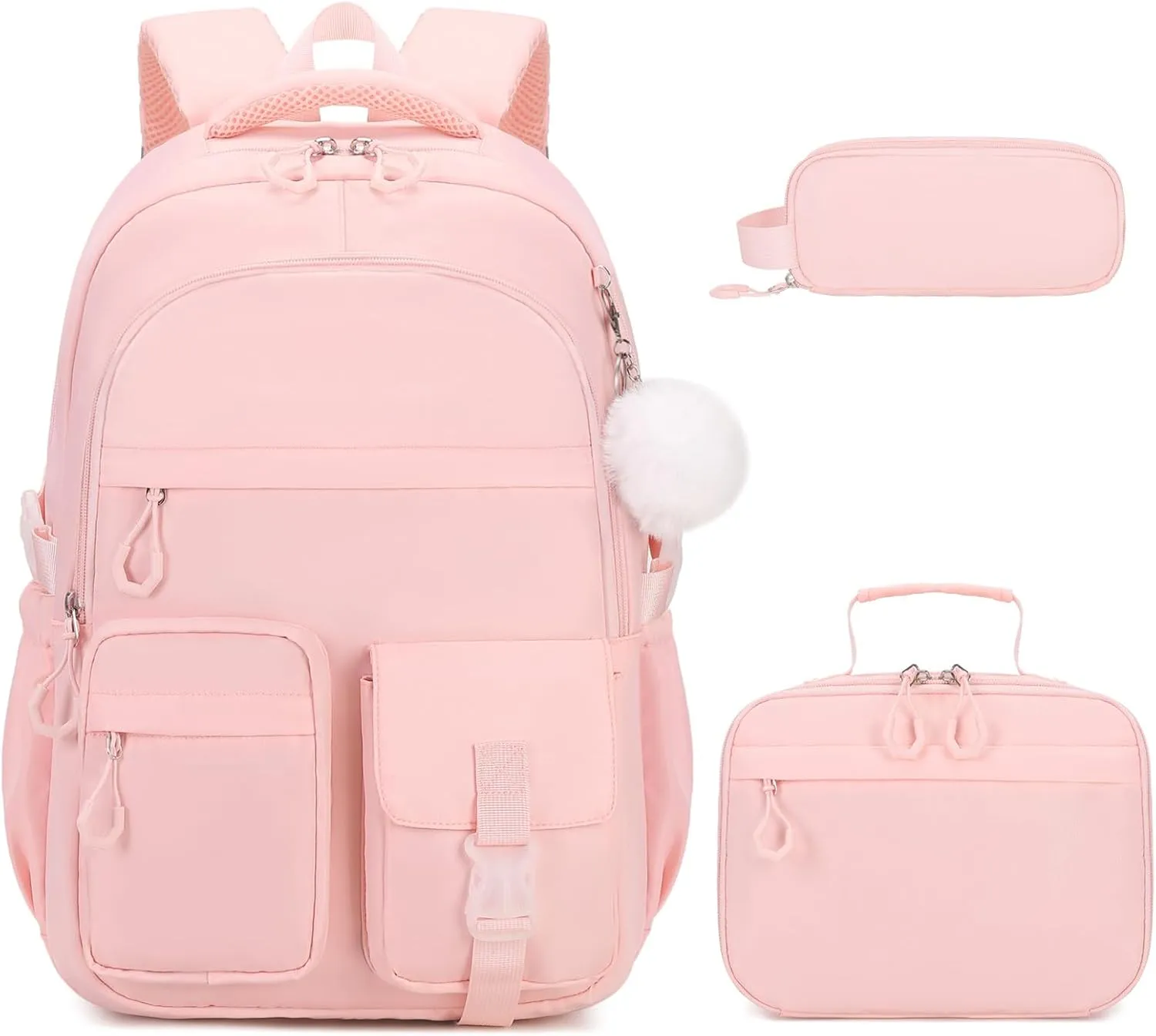 3PCS Girls Backpack for School, Kids Backpack for Girls with Lunch Bag Pencil Case, Kids Bookbag Teen Girl Backpacks for Elementary Middle High College School (Pink)