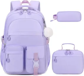 3PCS Girls Backpack for School, Kids Backpack for Girls with Lunch Bag Pencil Case, Kids Bookbag Teen Girl Backpacks for Elementary Middle High College School (Purple)
