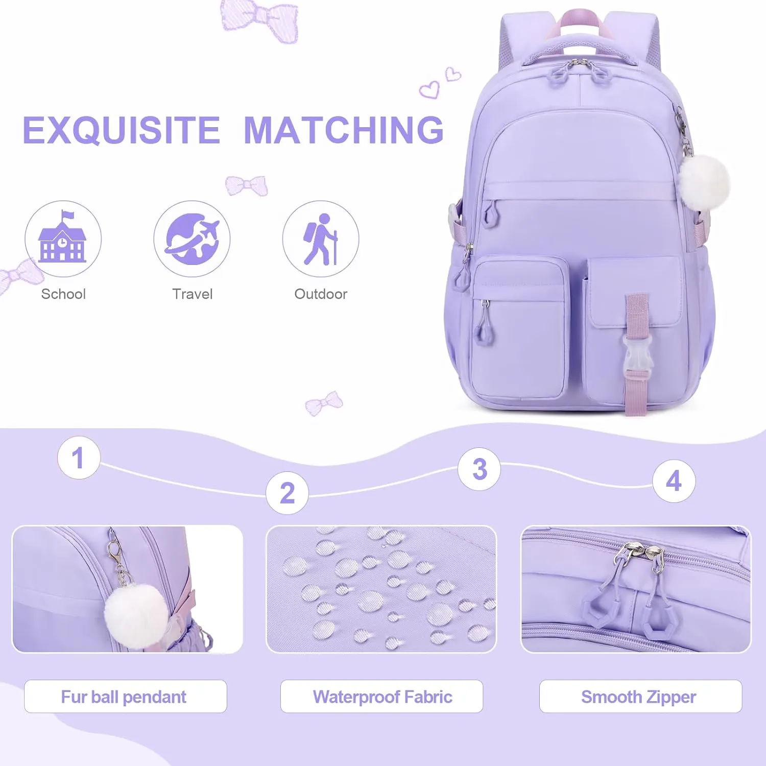 3PCS Girls Backpack for School, Kids Backpack for Girls with Lunch Bag Pencil Case, Kids Bookbag Teen Girl Backpacks for Elementary Middle High College School (Purple)