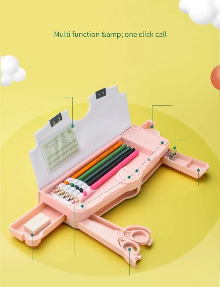 Aara Internationals 1PC MULTIFUNCTIONAL PENCIL CASE, LARGE CAPACITY PENCIL BOX FOR BOYS & GIRLS STUDENTS WITH CRAFT SCISSOR PORTABLE STATIONERY ORGANIZER Pink