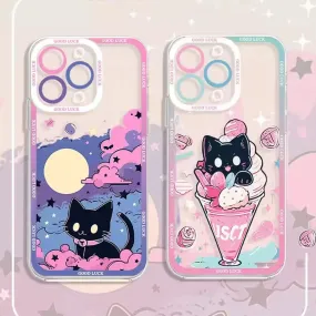 Adorable Black Cat Cartoon Clear Soft Protective Phone Case Cover for iPhone