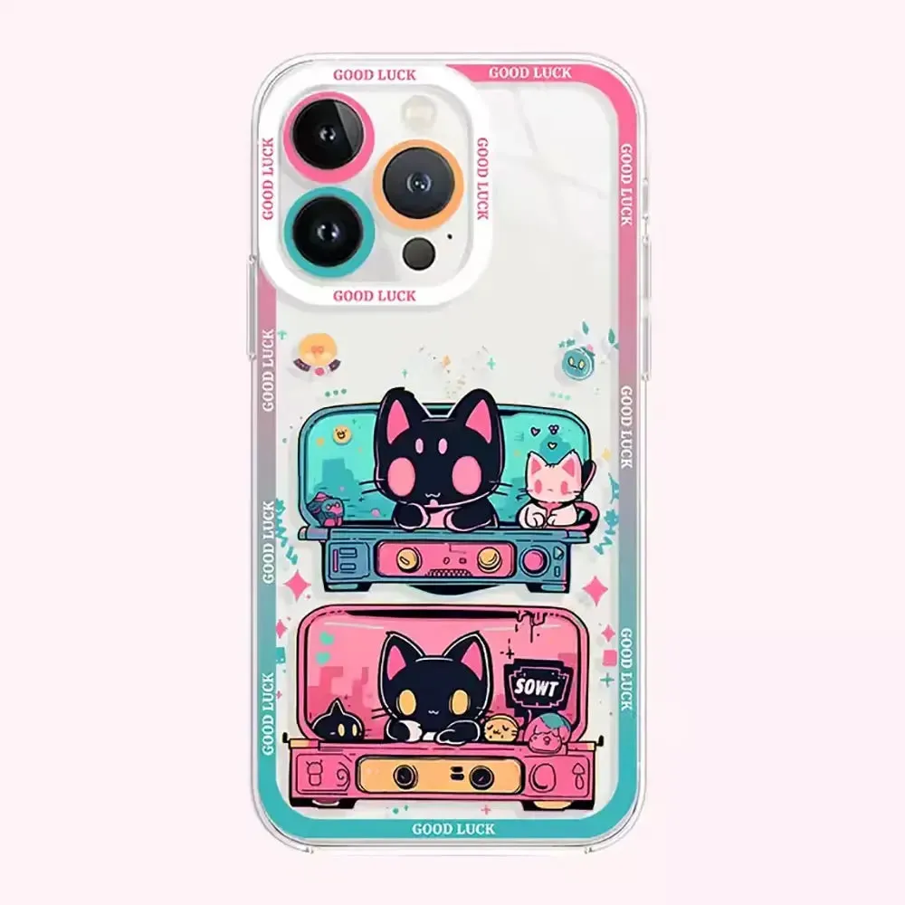 Adorable Black Cat Cartoon Clear Soft Protective Phone Case Cover for iPhone