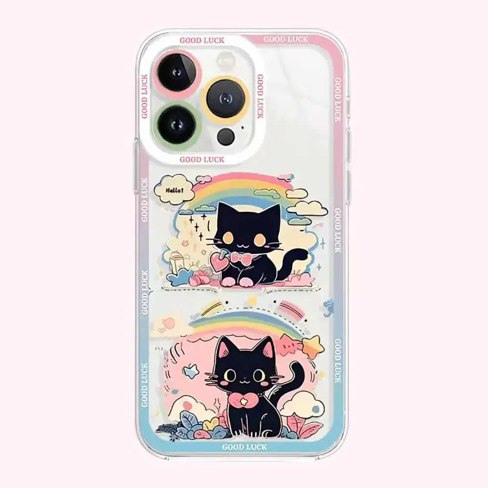 Adorable Black Cat Cartoon Clear Soft Protective Phone Case Cover for iPhone