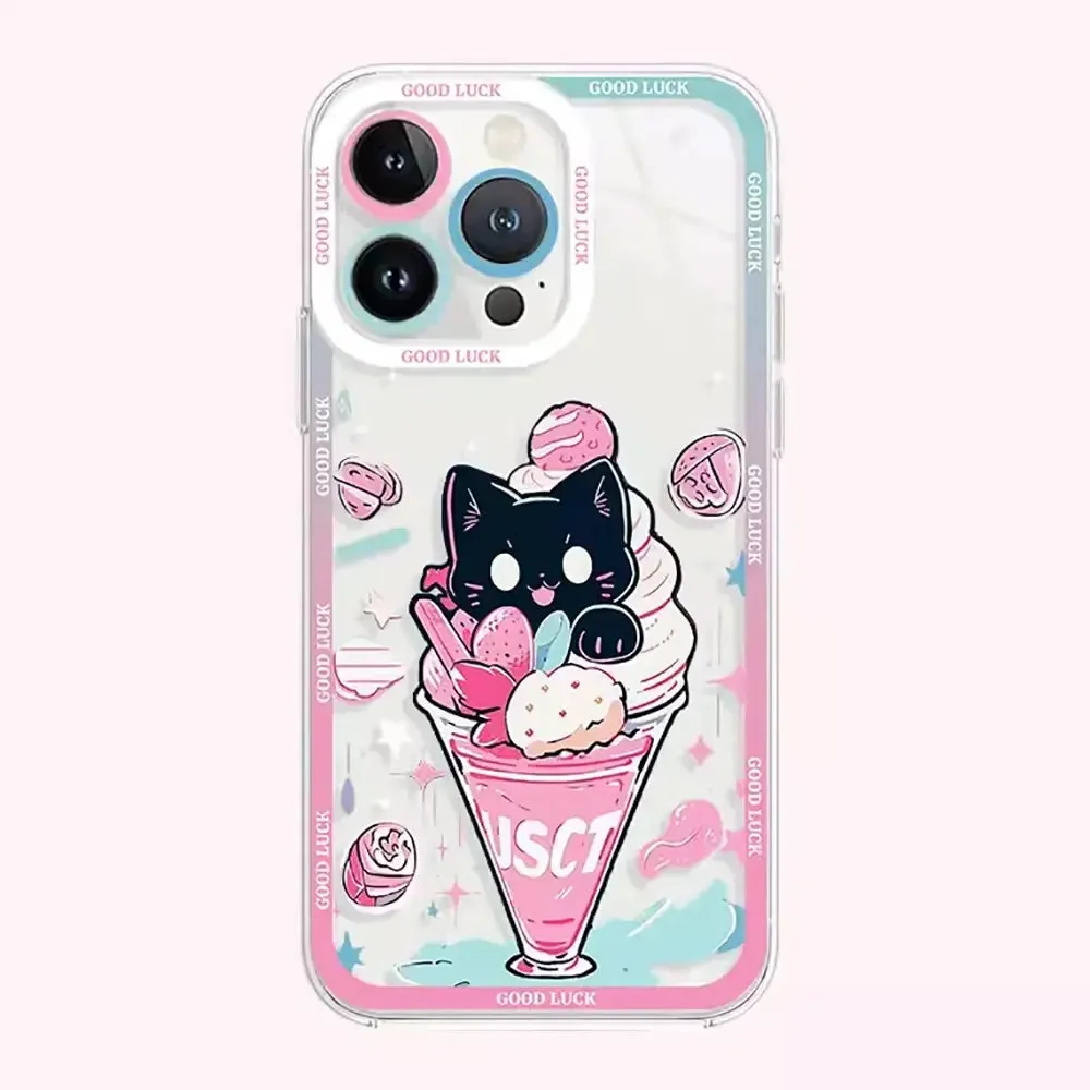 Adorable Black Cat Cartoon Clear Soft Protective Phone Case Cover for iPhone