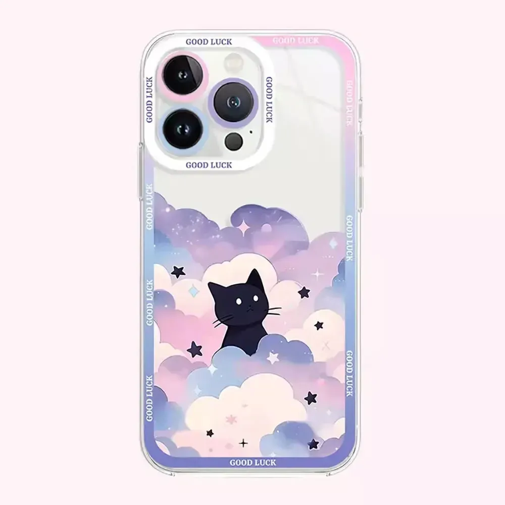 Adorable Black Cat Cartoon Clear Soft Protective Phone Case Cover for iPhone