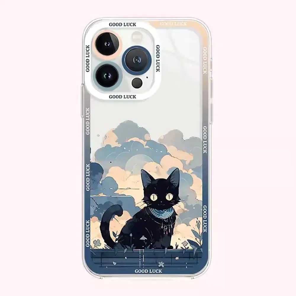Adorable Black Cat Cartoon Clear Soft Protective Phone Case Cover for iPhone