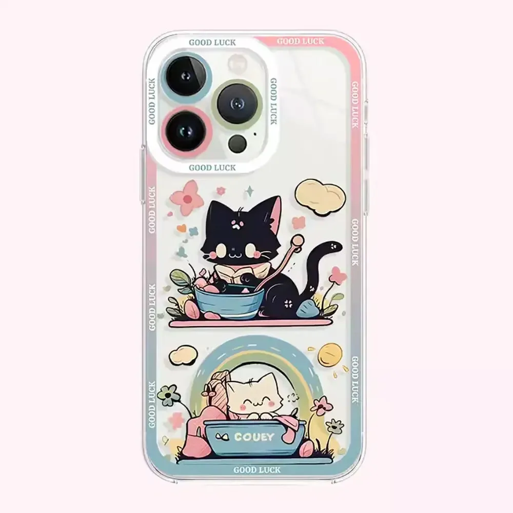 Adorable Black Cat Cartoon Clear Soft Protective Phone Case Cover for iPhone