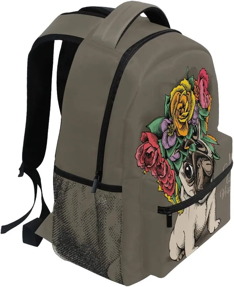 AUUXVA Backpack Hippie Bulldog Pug Floral Flower School Shoulder Bag Large Waterproof Durable Bookbag Laptop Daypack for Students Teens Girls Boys Elementary