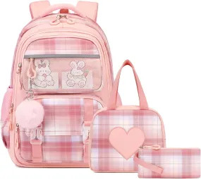 Bevalsa Cute Kids Girls Teens Elementary Middle High School College Student Casual Travel Daypack Children Schoolbag with Lunch Box (Pink)