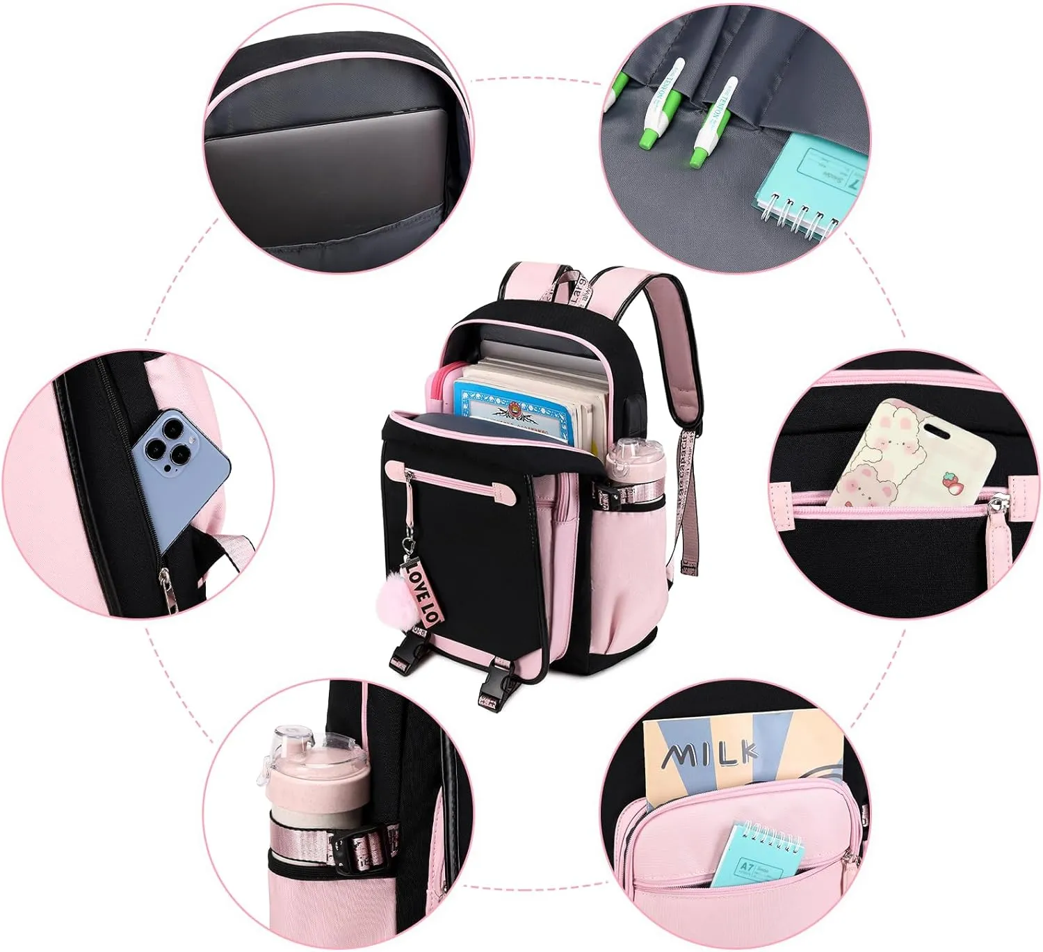 Bevalsa School Backpack for Girls, Backpack with Lunch Box, Bookbag for Girls Kids Elementary Middle School Student 21L Children Schoolbag