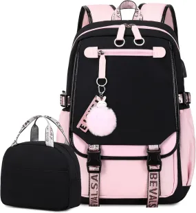 Bevalsa School Backpack for Girls, Backpack with Lunch Box, Bookbag for Girls Kids Elementary Middle School Student 21L Children Schoolbag