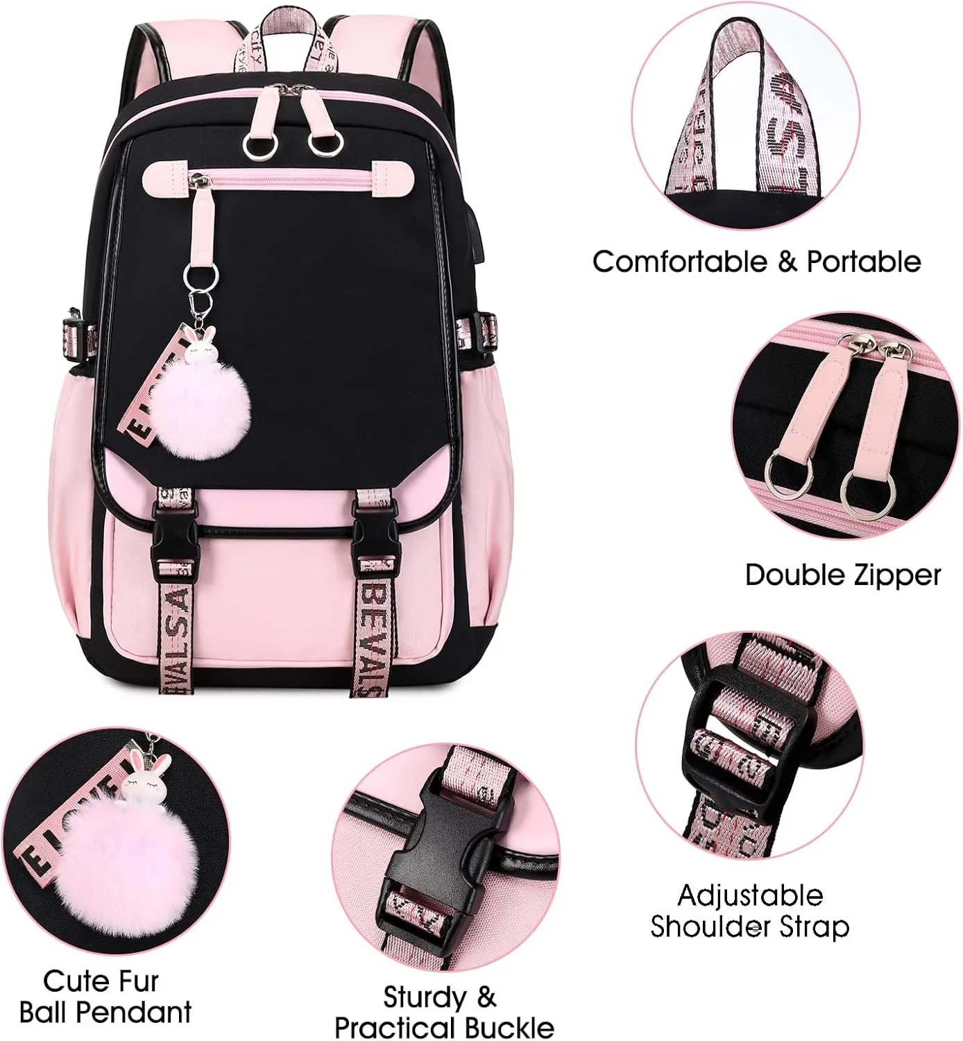 Bevalsa School Backpack for Girls, Backpack with Lunch Box, Bookbag for Girls Kids Elementary Middle School Student 21L Children Schoolbag