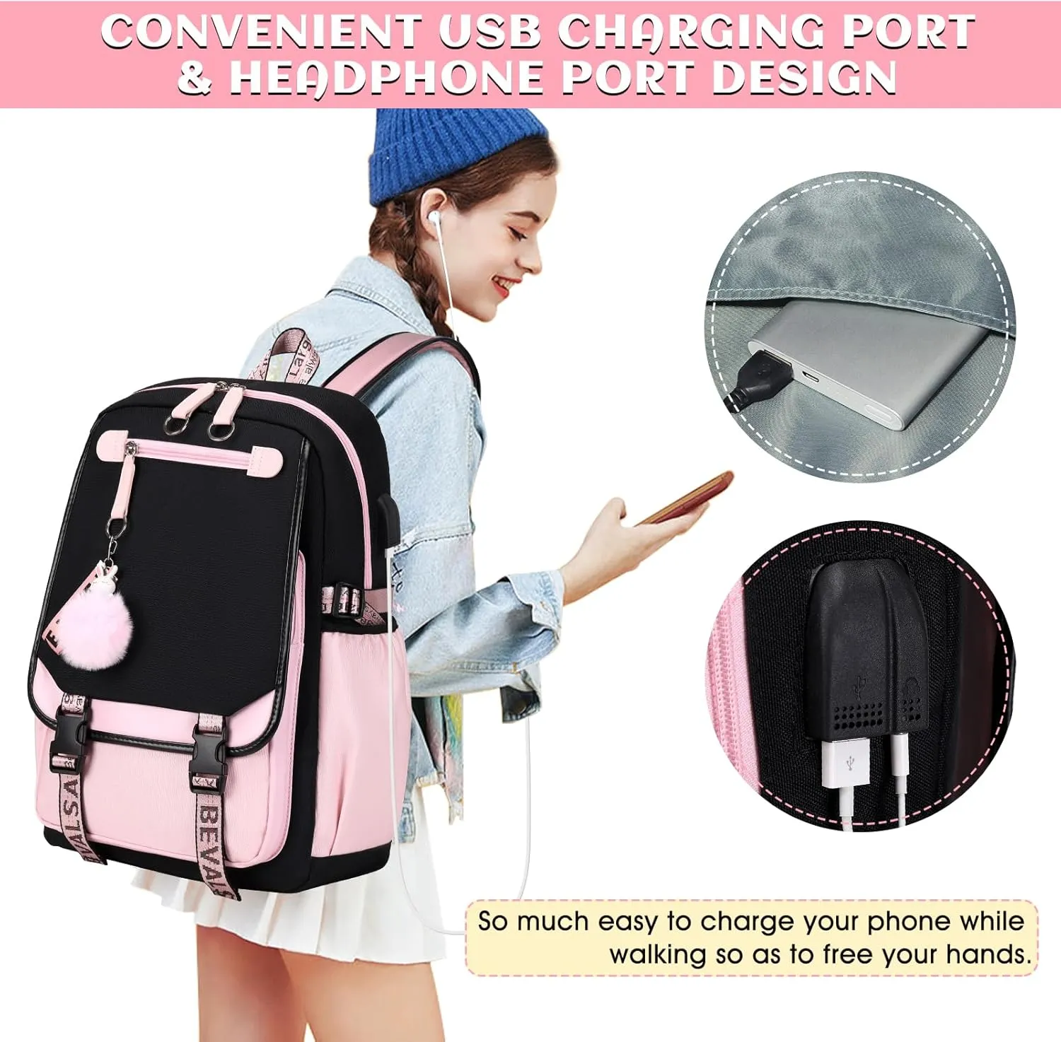 Bevalsa School Backpack for Girls, Backpack with Lunch Box, Bookbag for Girls Kids Elementary Middle School Student 21L Children Schoolbag