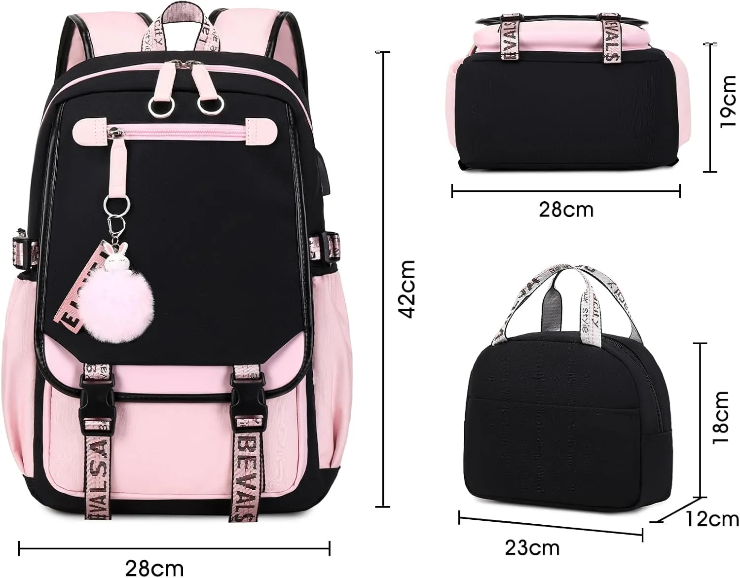 Bevalsa School Backpack for Girls, Backpack with Lunch Box, Bookbag for Girls Kids Elementary Middle School Student 21L Children Schoolbag