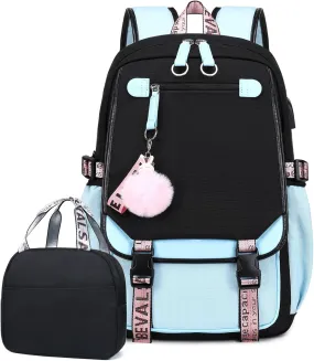 Bevalsa School Backpack for Girls, Girls Backpack with Lunch Box, Bookbag for Girls Kids Elementary Middle School Student 21L Children Schoolbag