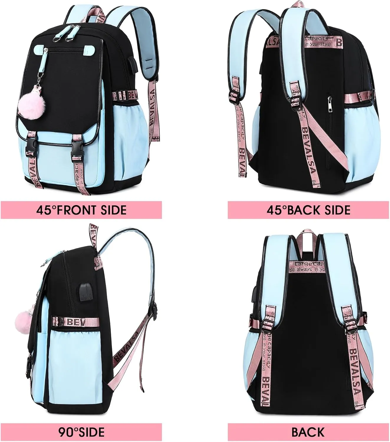Bevalsa School Backpack for Girls, Girls Backpack with Lunch Box, Bookbag for Girls Kids Elementary Middle School Student 21L Children Schoolbag