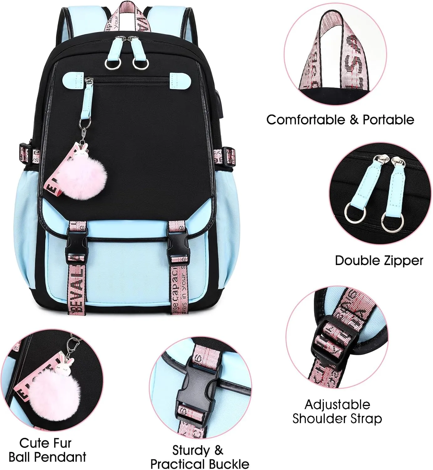Bevalsa School Backpack for Girls, Girls Backpack with Lunch Box, Bookbag for Girls Kids Elementary Middle School Student 21L Children Schoolbag