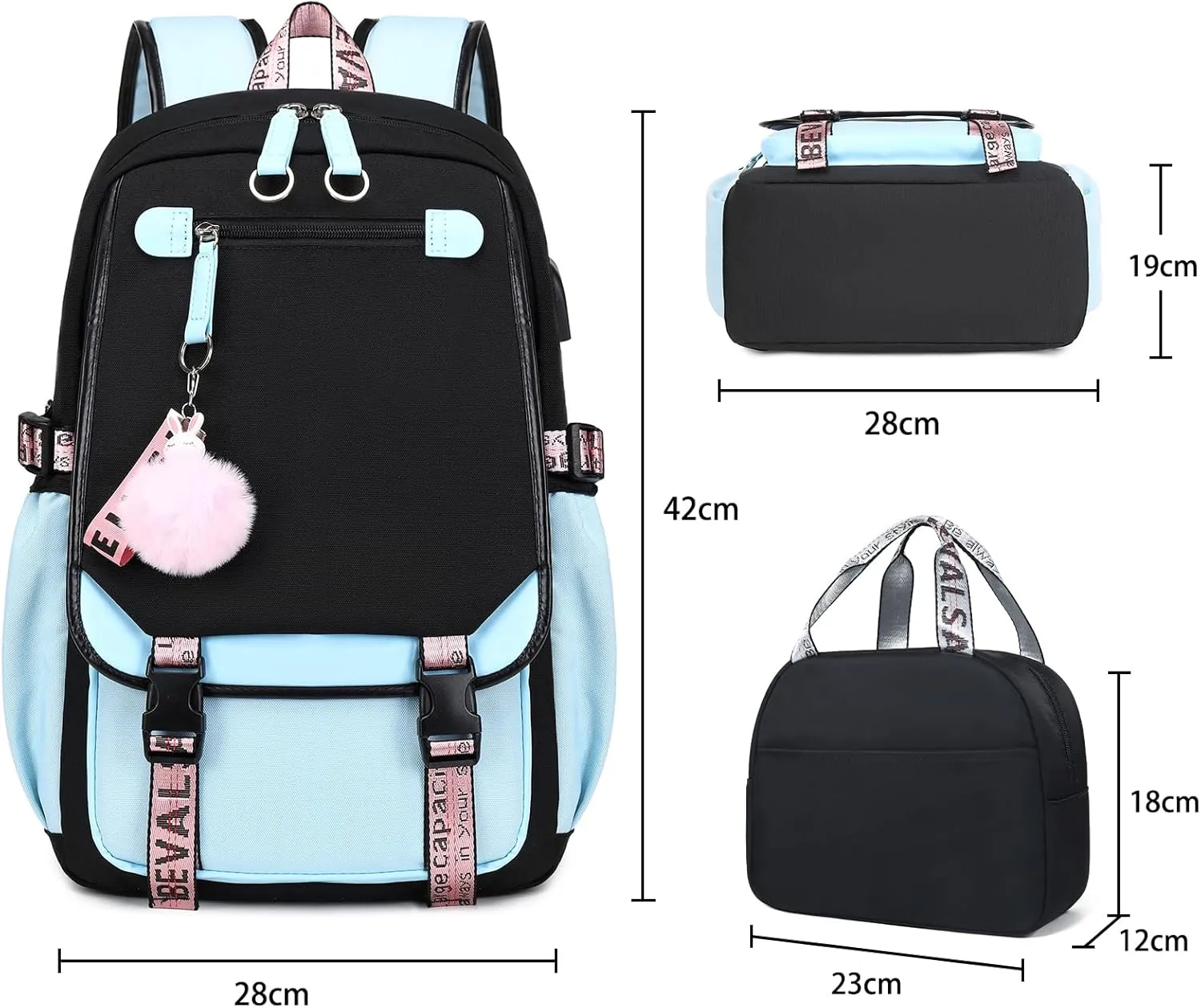 Bevalsa School Backpack for Girls, Girls Backpack with Lunch Box, Bookbag for Girls Kids Elementary Middle School Student 21L Children Schoolbag