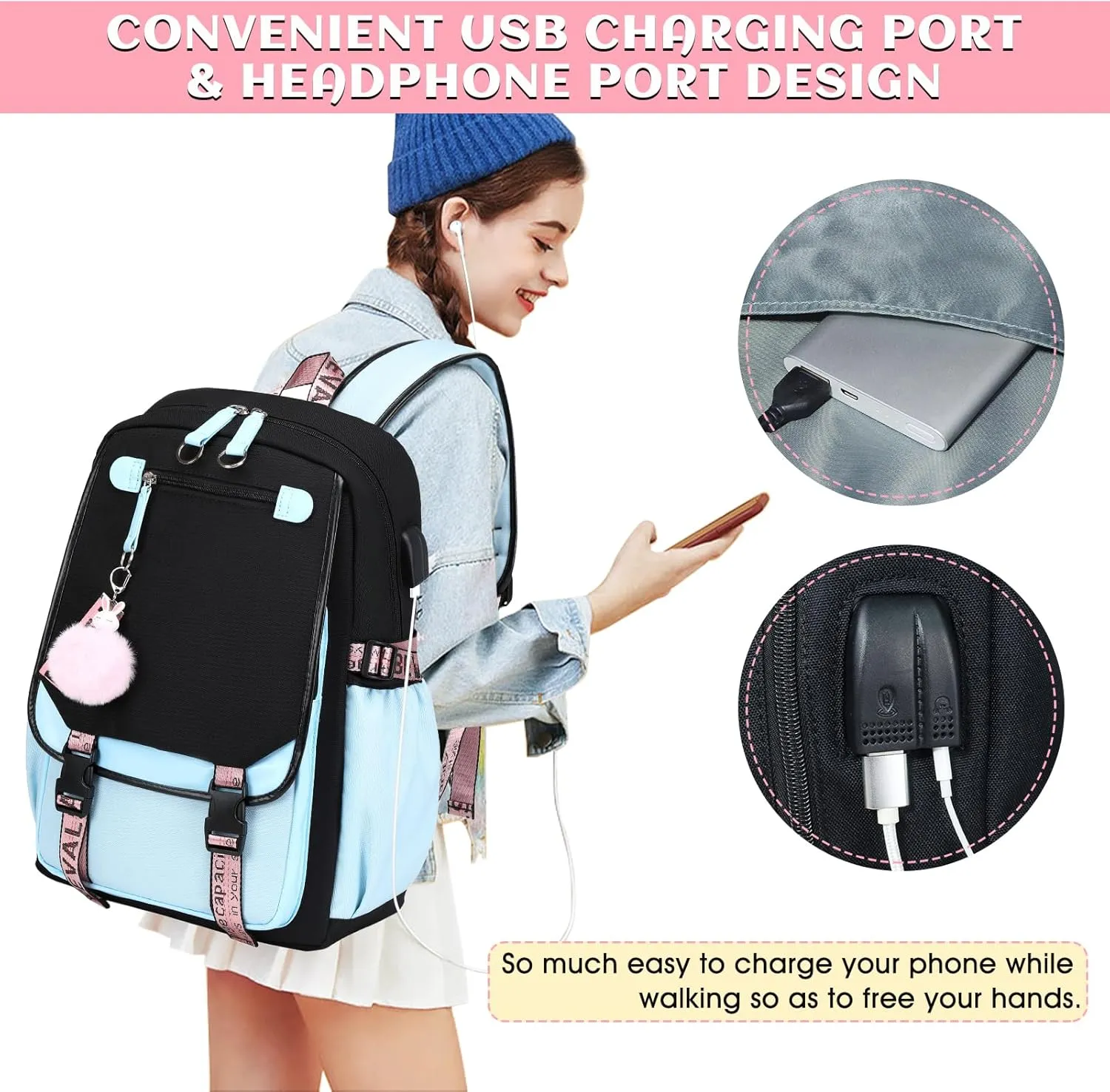 Bevalsa School Backpack for Girls, Girls Backpack with Lunch Box, Bookbag for Girls Kids Elementary Middle School Student 21L Children Schoolbag