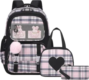Bevalsa School Backpack With Lunch Box for Girls, Cute Bookbag for Kids Teens Elementary Middle High School College Student Casual Travel Daypack Children Schoolbag (Black)