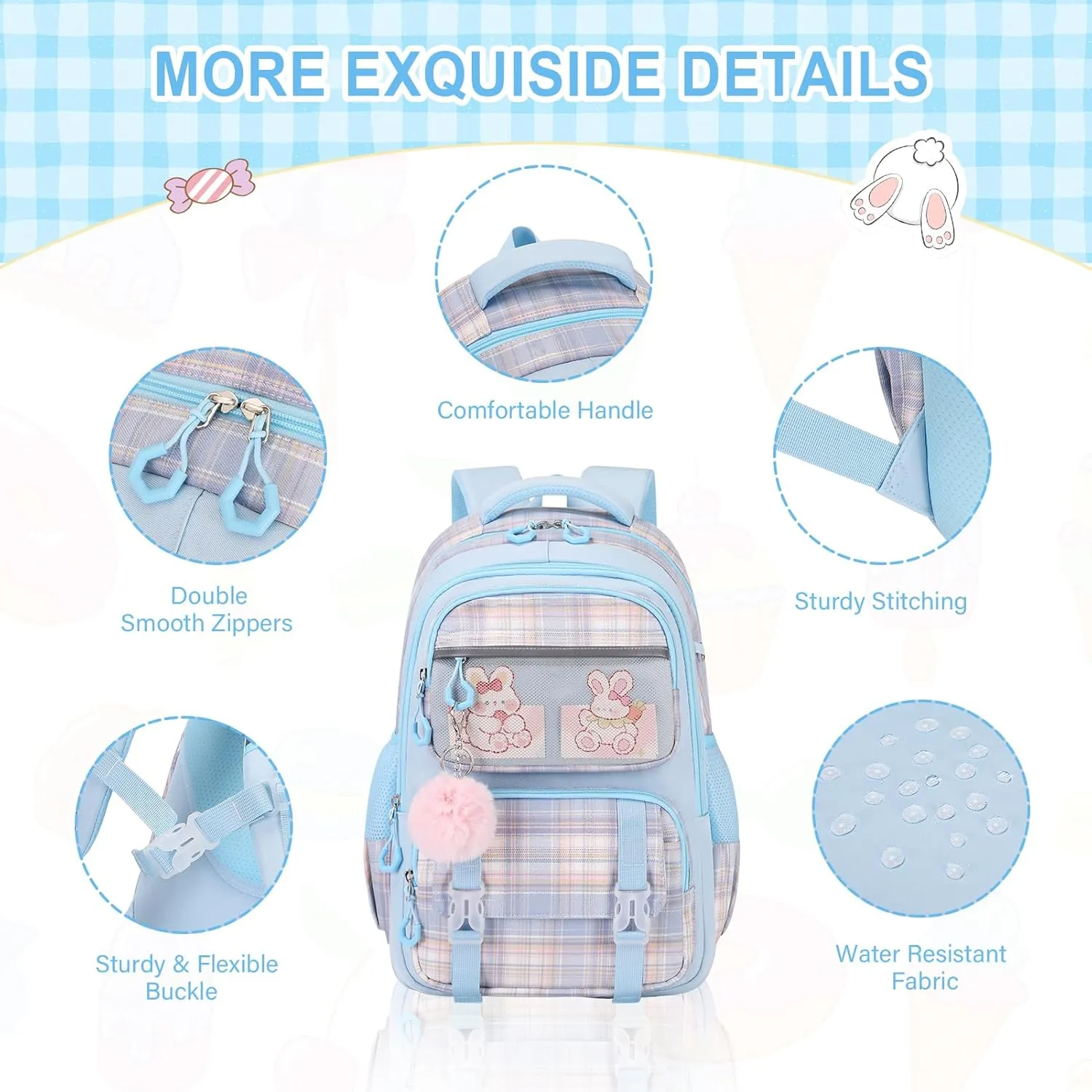 Bevalsa School Backpack With Lunch Box for Girls, Cute Bookbag for Kids Teens Elementary Middle High School College Student Casual Travel Daypack Children Schoolbag (Blue)