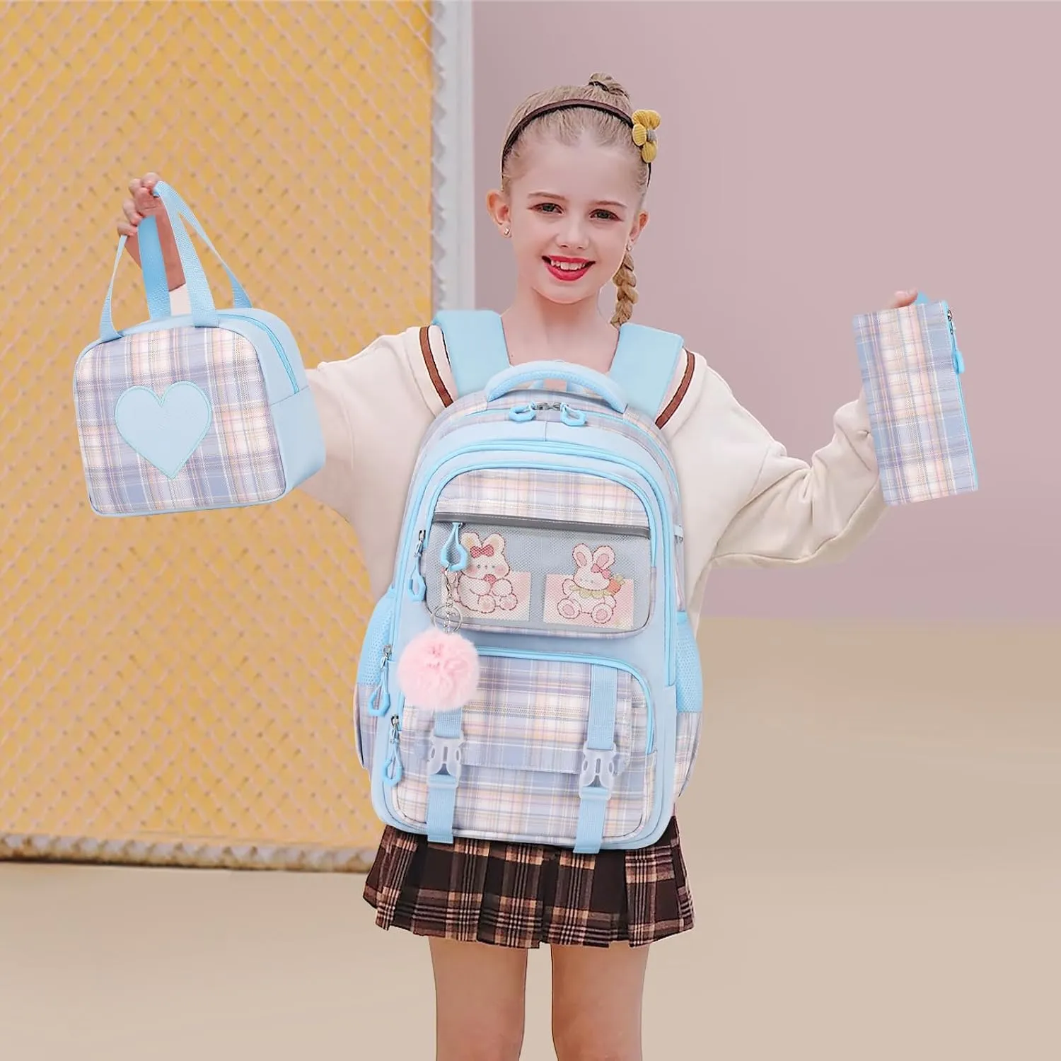 Bevalsa School Backpack With Lunch Box for Girls, Cute Bookbag for Kids Teens Elementary Middle High School College Student Casual Travel Daypack Children Schoolbag (Blue)