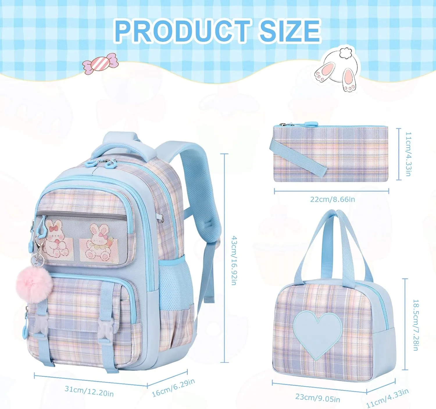 Bevalsa School Backpack With Lunch Box for Girls, Cute Bookbag for Kids Teens Elementary Middle High School College Student Casual Travel Daypack Children Schoolbag (Blue)