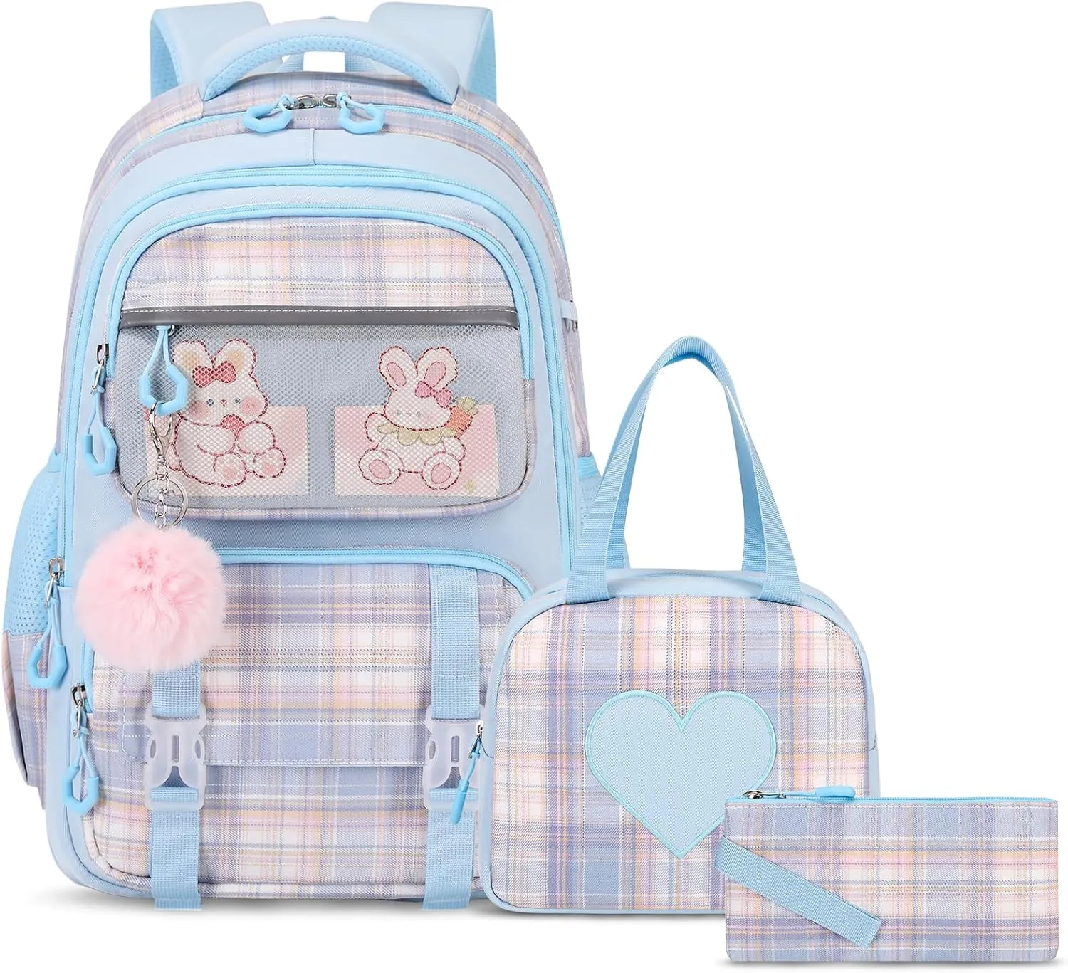 Bevalsa School Backpack With Lunch Box for Girls, Cute Bookbag for Kids Teens Elementary Middle High School College Student Casual Travel Daypack Children Schoolbag (Blue)