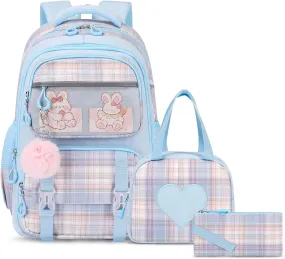 Bevalsa School Backpack With Lunch Box for Girls, Cute Bookbag for Kids Teens Elementary Middle High School College Student Casual Travel Daypack Children Schoolbag (Blue)