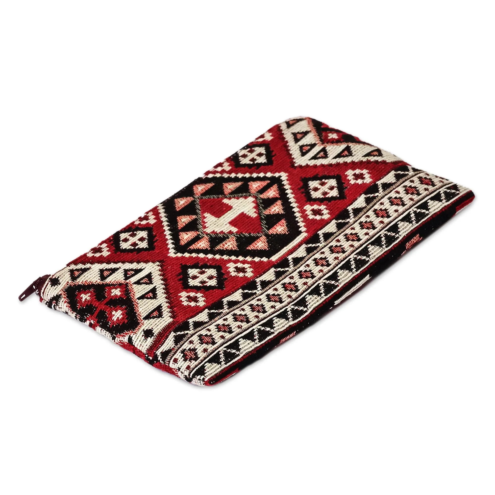 Classic Geometric-Patterned Red Cotton Cosmetic Bag - Fiery Armenia | NOVICA