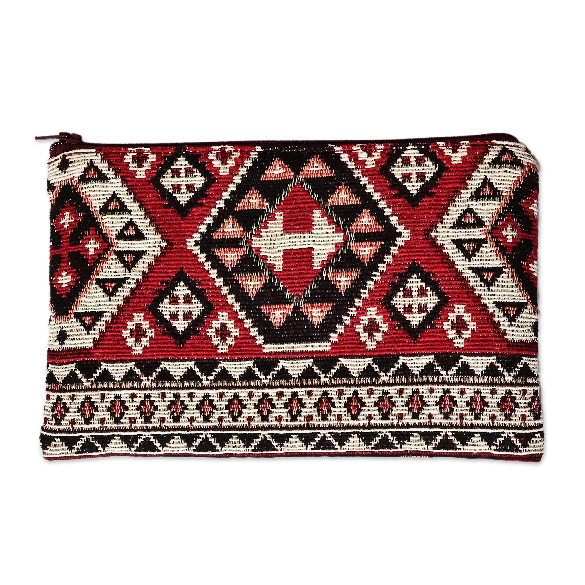 Classic Geometric-Patterned Red Cotton Cosmetic Bag - Fiery Armenia | NOVICA