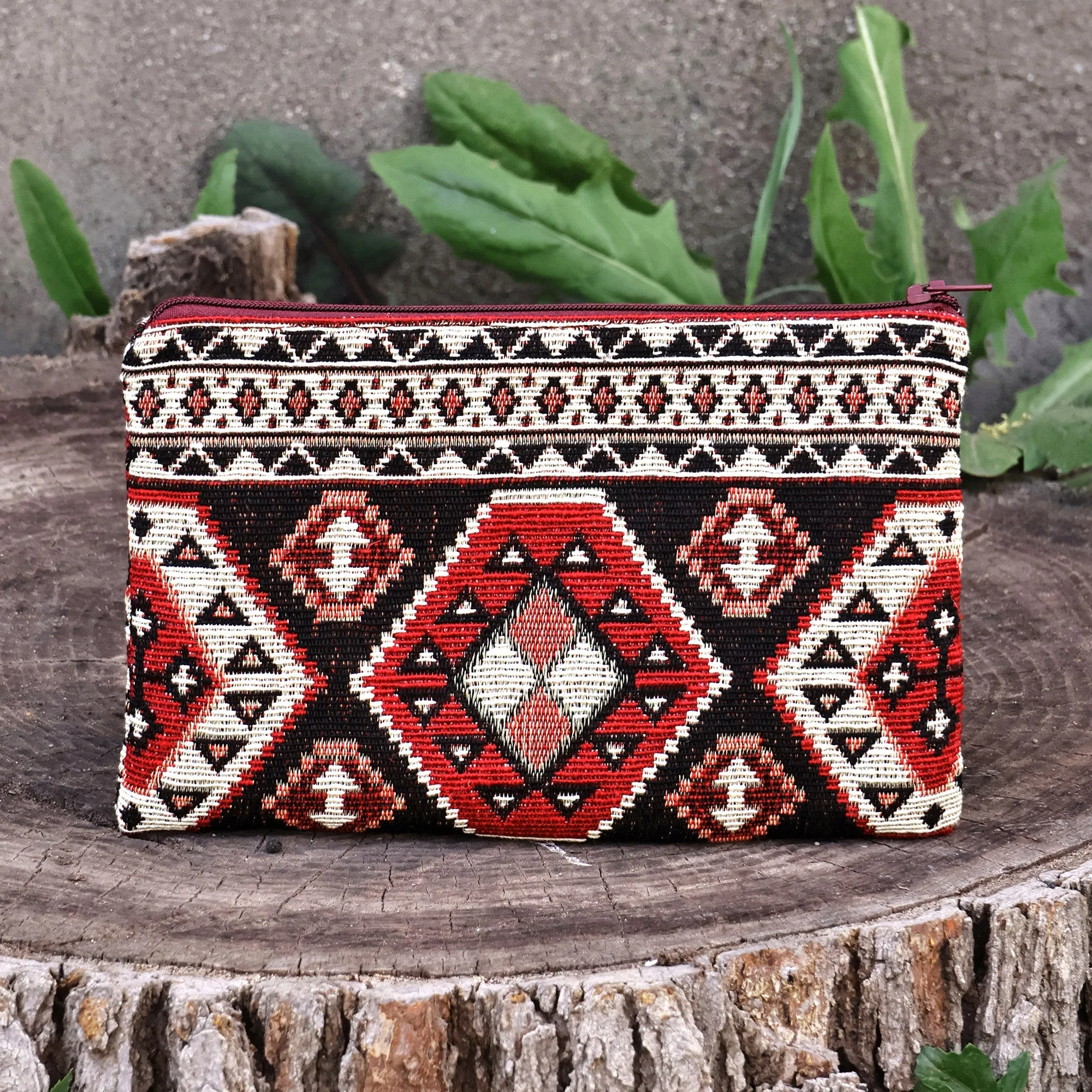 Classic Geometric-Patterned Red Cotton Cosmetic Bag - Fiery Armenia | NOVICA