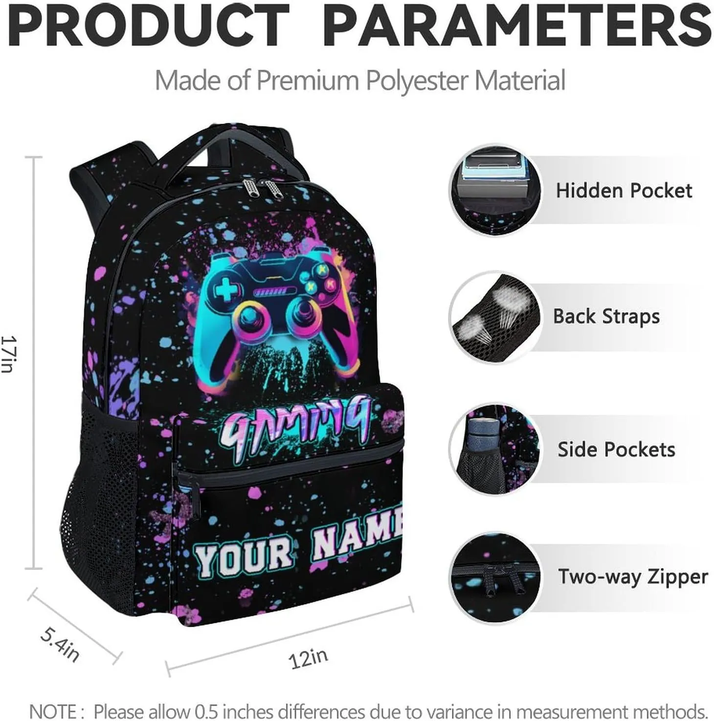Custom Backpack for Boys - 17 Inch Aesthetic Gaming Backpack for Kids - Black Lightweight Durable Bookbag for Elementary School