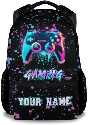 Custom Backpack for Boys - 17 Inch Aesthetic Gaming Backpack for Kids - Black Lightweight Durable Bookbag for Elementary School