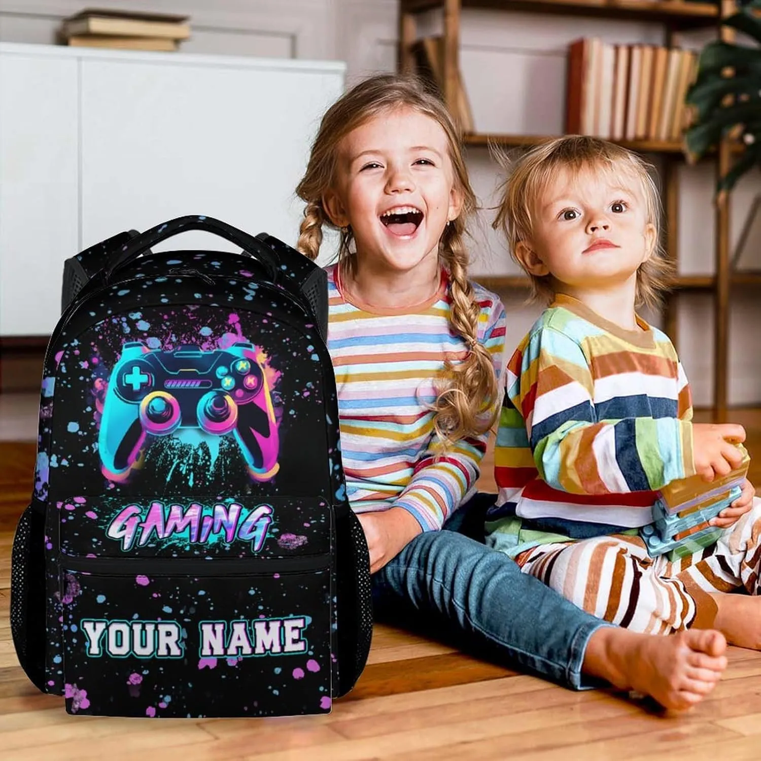 Custom Backpack for Boys - 17 Inch Aesthetic Gaming Backpack for Kids - Black Lightweight Durable Bookbag for Elementary School