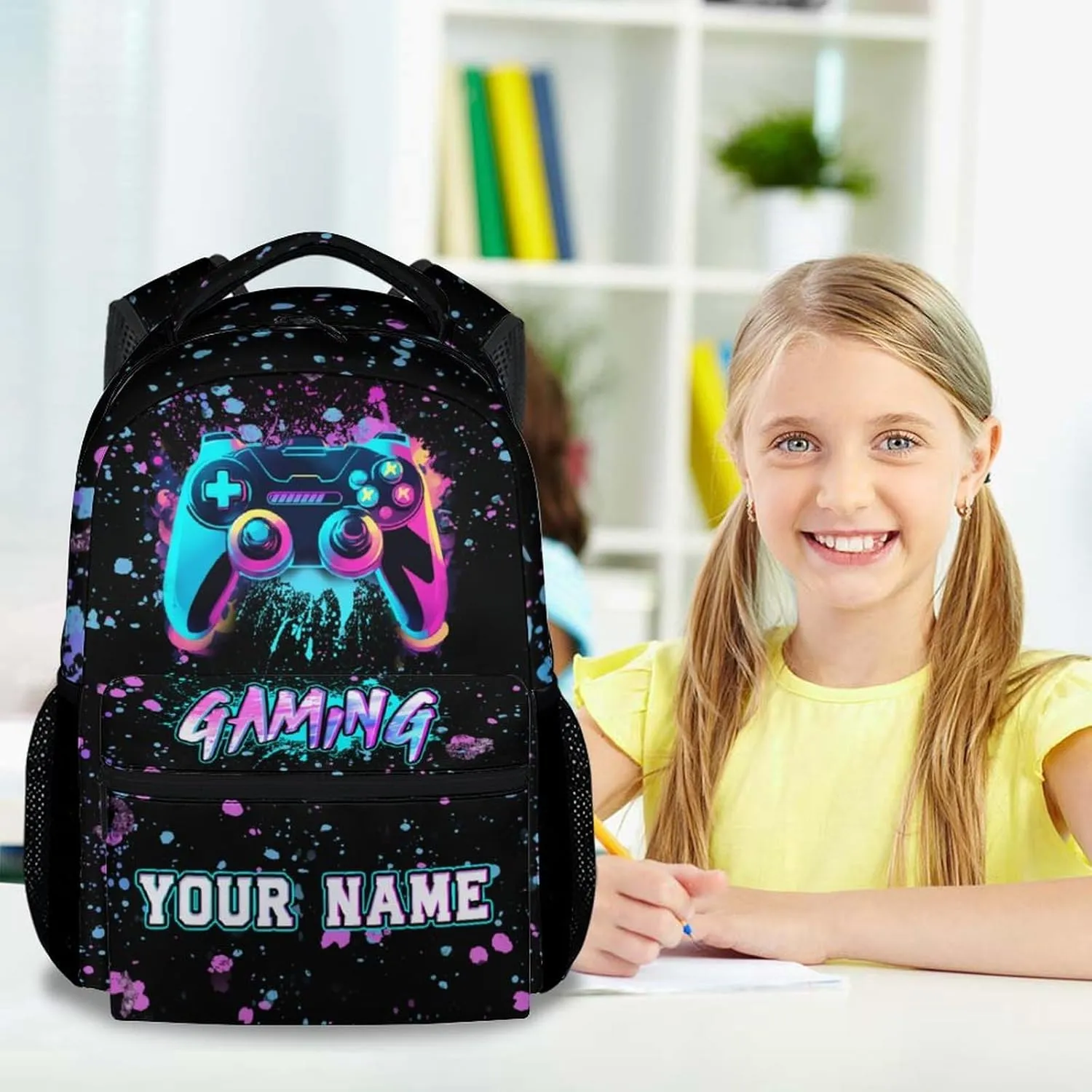 Custom Backpack for Boys - 17 Inch Aesthetic Gaming Backpack for Kids - Black Lightweight Durable Bookbag for Elementary School
