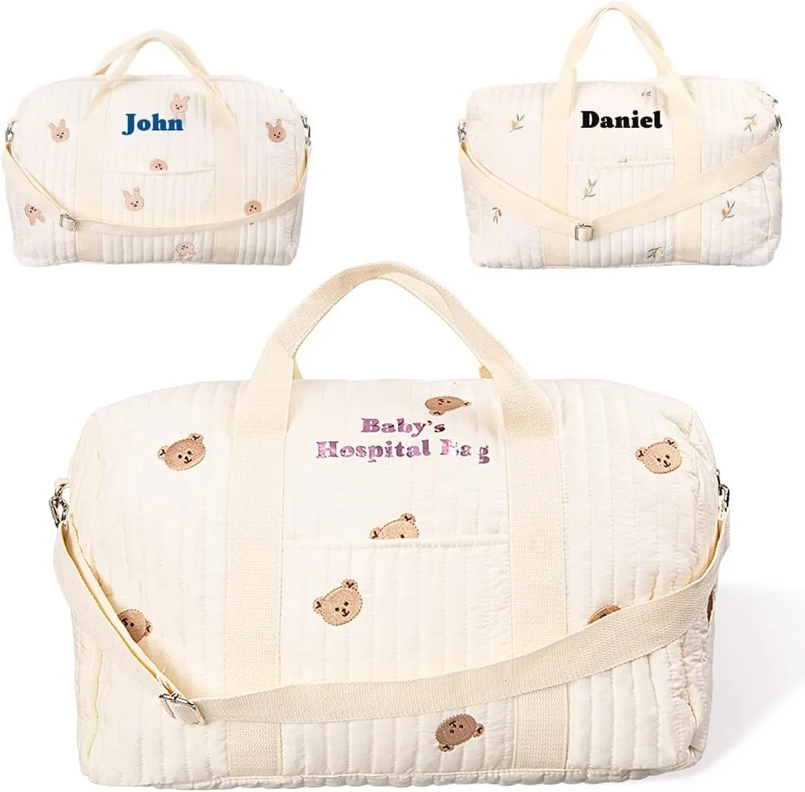 Custom Cotton Diaper Bag Tote for Women - Large Capacity, Multiple Compartments, Cute Rabbit Bear Design for Baby Girl & Boy