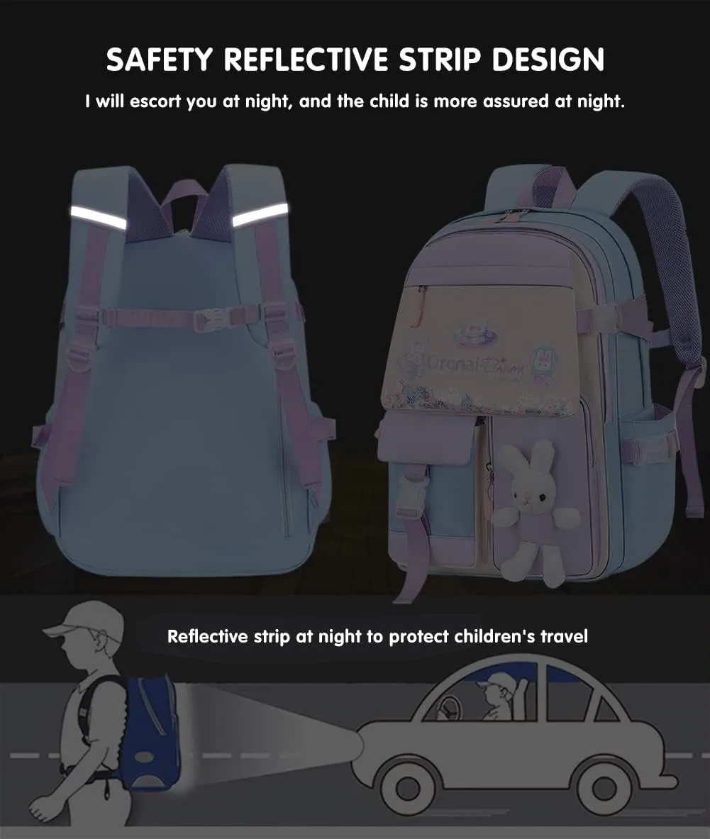 MCWTH School Backpack for Girls, Lightweight Waterproof Cute Bunny School Bookbag for Teen Kids Students Elementary (Rabbit Blue)