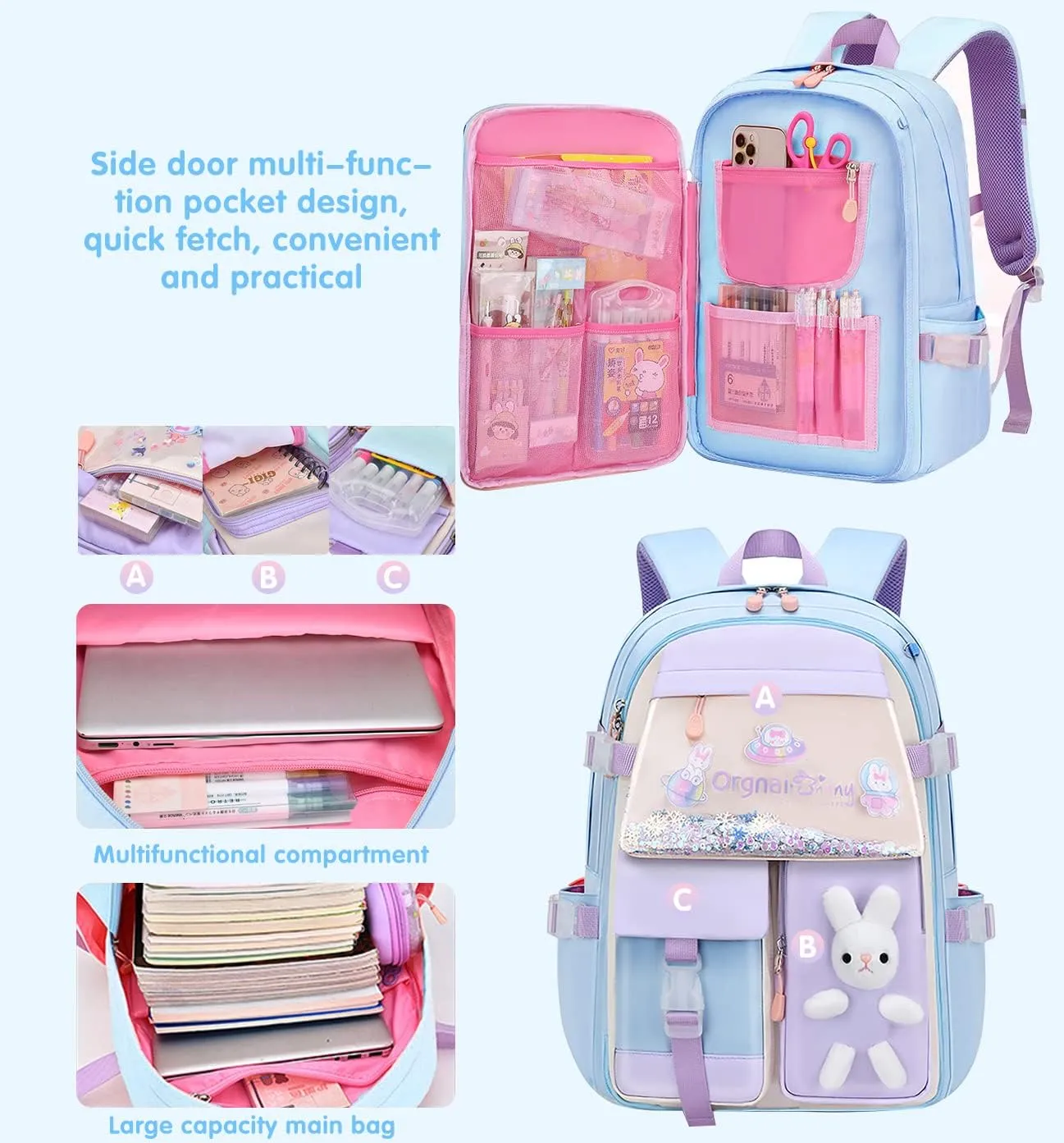 MCWTH School Backpack for Girls, Lightweight Waterproof Cute Bunny School Bookbag for Teen Kids Students Elementary (Rabbit Blue)