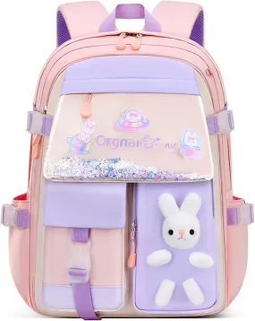 MCWTH School Backpack for Girls, Lightweight Waterproof Cute Bunny School Bookbag for Teen Kids Students Elementary (Rabbit Pink) Large
