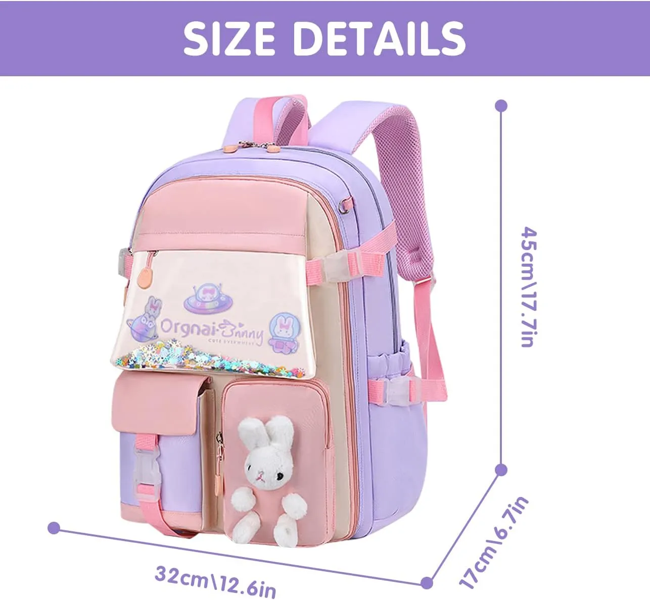 MCWTH School Backpack for Girls, Lightweight Waterproof Cute Bunny School Bookbag for Teen Kids Students Elementary (Rabbit Purple) Large