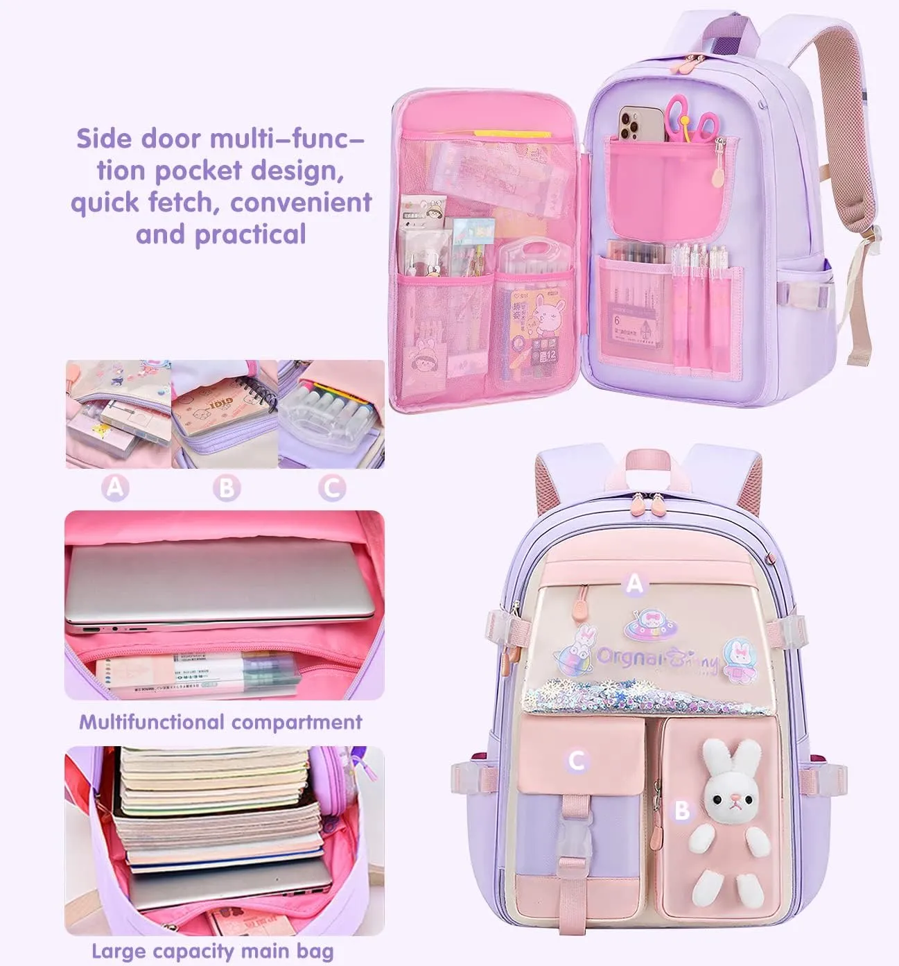 MCWTH School Backpack for Girls, Lightweight Waterproof Cute Bunny School Bookbag for Teen Kids Students Elementary (Rabbit Purple) Large
