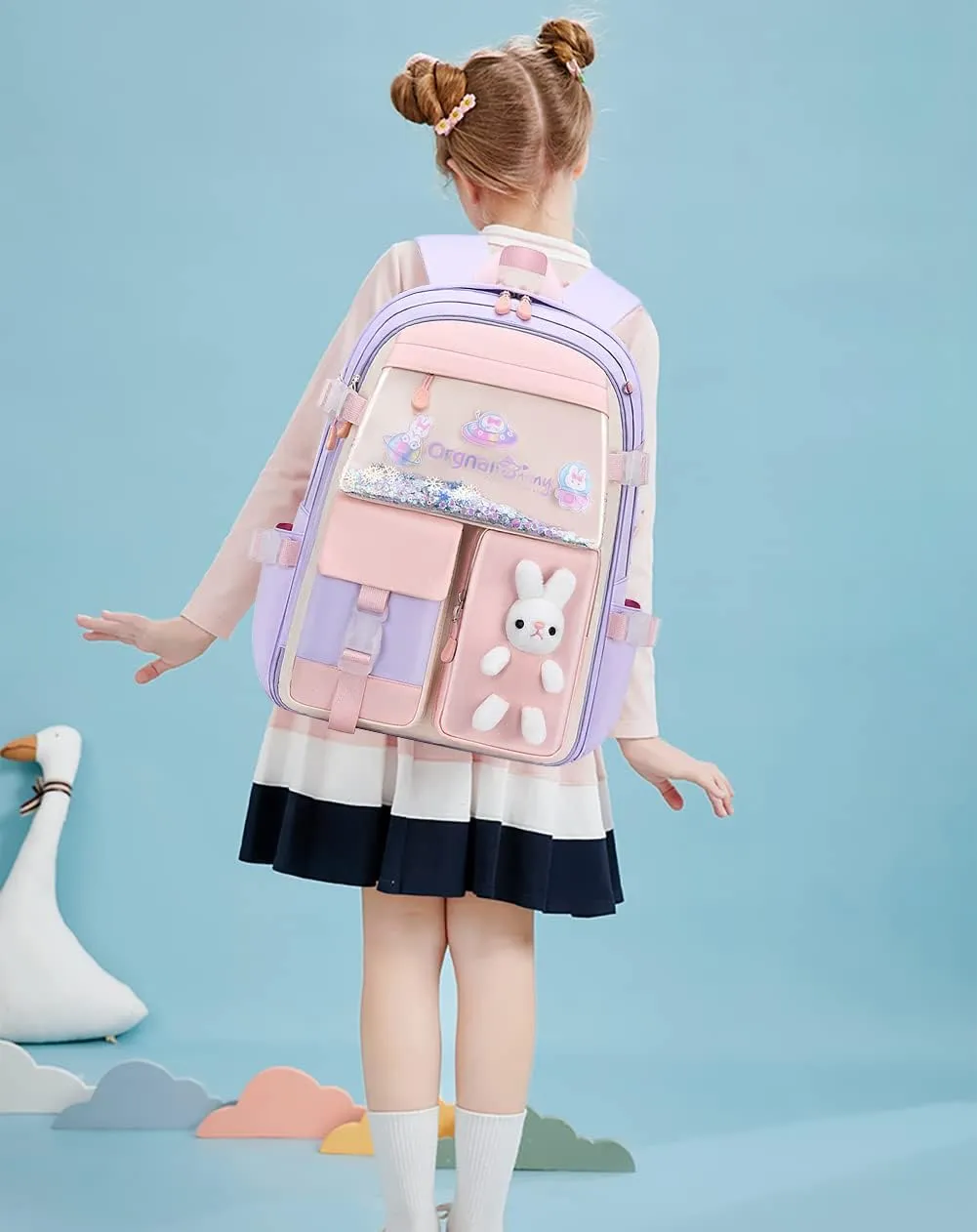 MCWTH School Backpack for Girls, Lightweight Waterproof Cute Bunny School Bookbag for Teen Kids Students Elementary (Rabbit Purple) Large