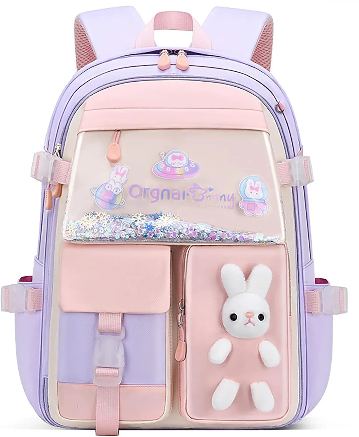 MCWTH School Backpack for Girls, Lightweight Waterproof Cute Bunny School Bookbag for Teen Kids Students Elementary (Rabbit Purple) Large